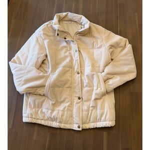 Cream Corduroy Puffer Jacket Women Size M Collared Zip Snap